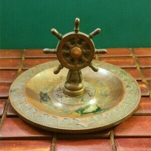 Antique Bronze Nautical Ships Wheel w/  Compass Rose Ashtray  Trinket Dish 5"dia